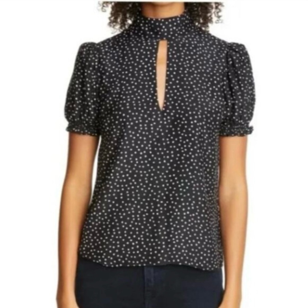 FRAME Silk Keyhole Neck Navy/White Polka Dot Top